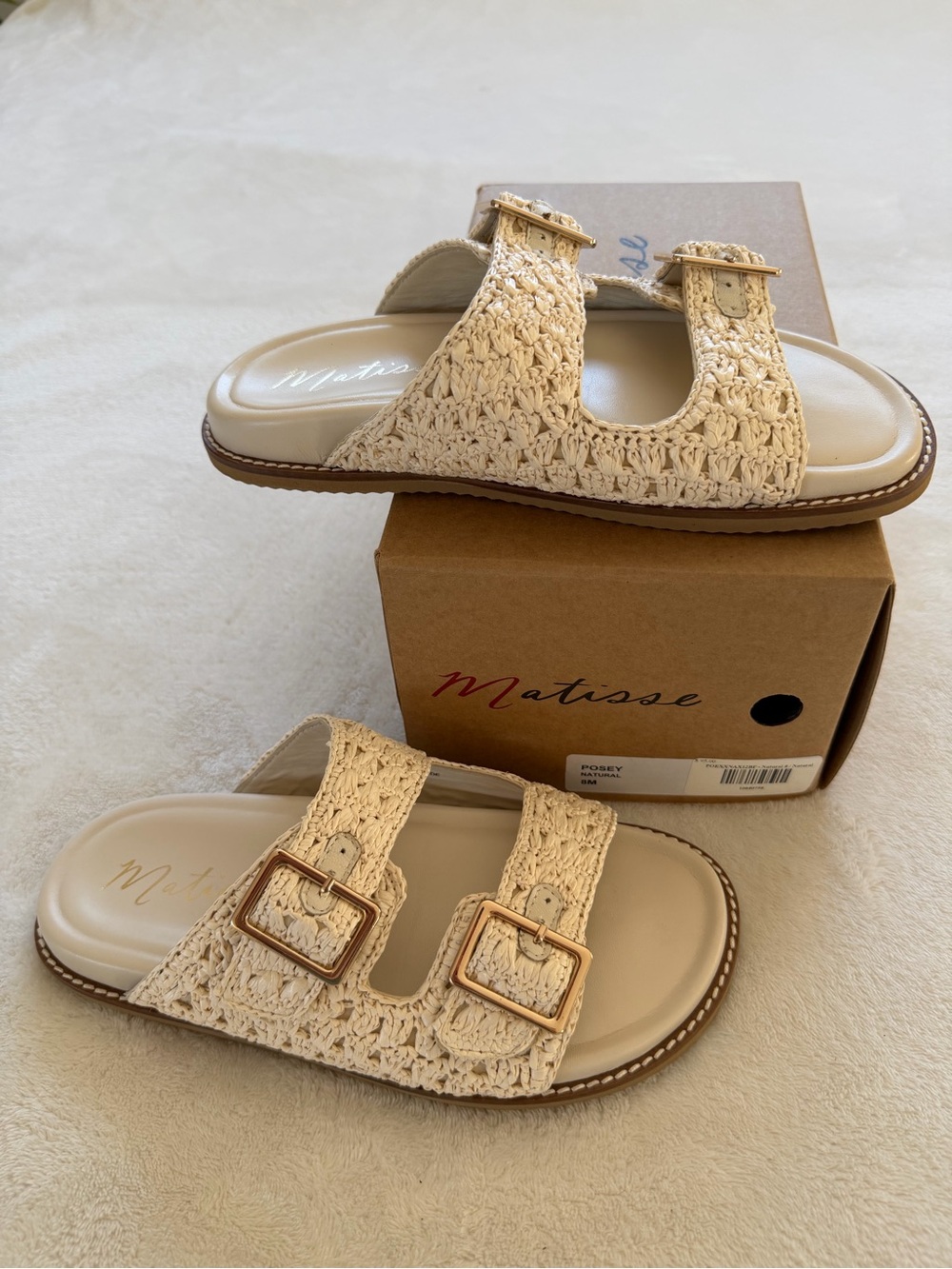 Matisse Beige Crochet Double-Buckle Slide Sandals